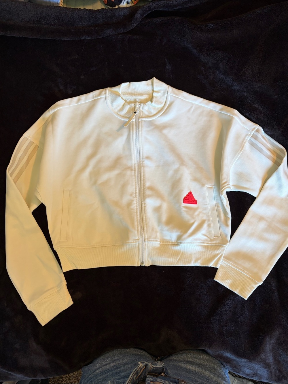 adidas White Cropped Bomber Jacket with Pink Triangle Logo